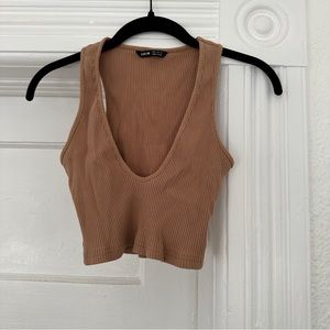 shein tan brown deep v fitted cropped tank top